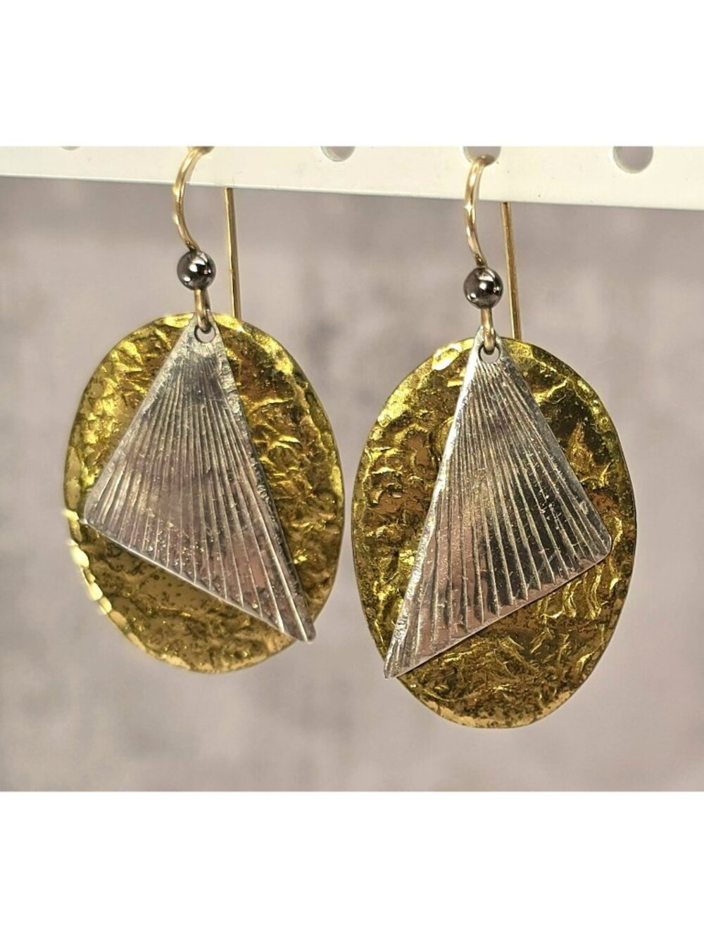 Oval Brass & Silver Textured Dangle Earrings With Geometric Design CM2384